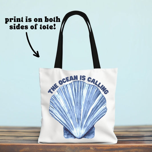 The Ocean is Calling Beach Seashell Tote Bag - Double Sided Beach Tote Bag