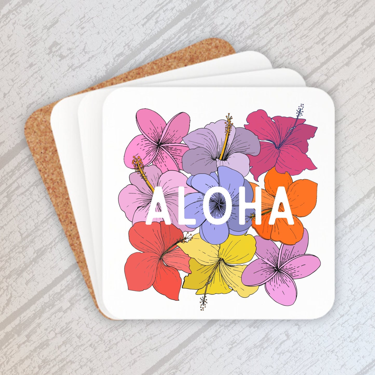 Aloha Hawaiian Floral Coasters Set of 4 - Coastal Home Decor - Ocean Housewarming Gift - Beach House Coasters - Custom Coasters